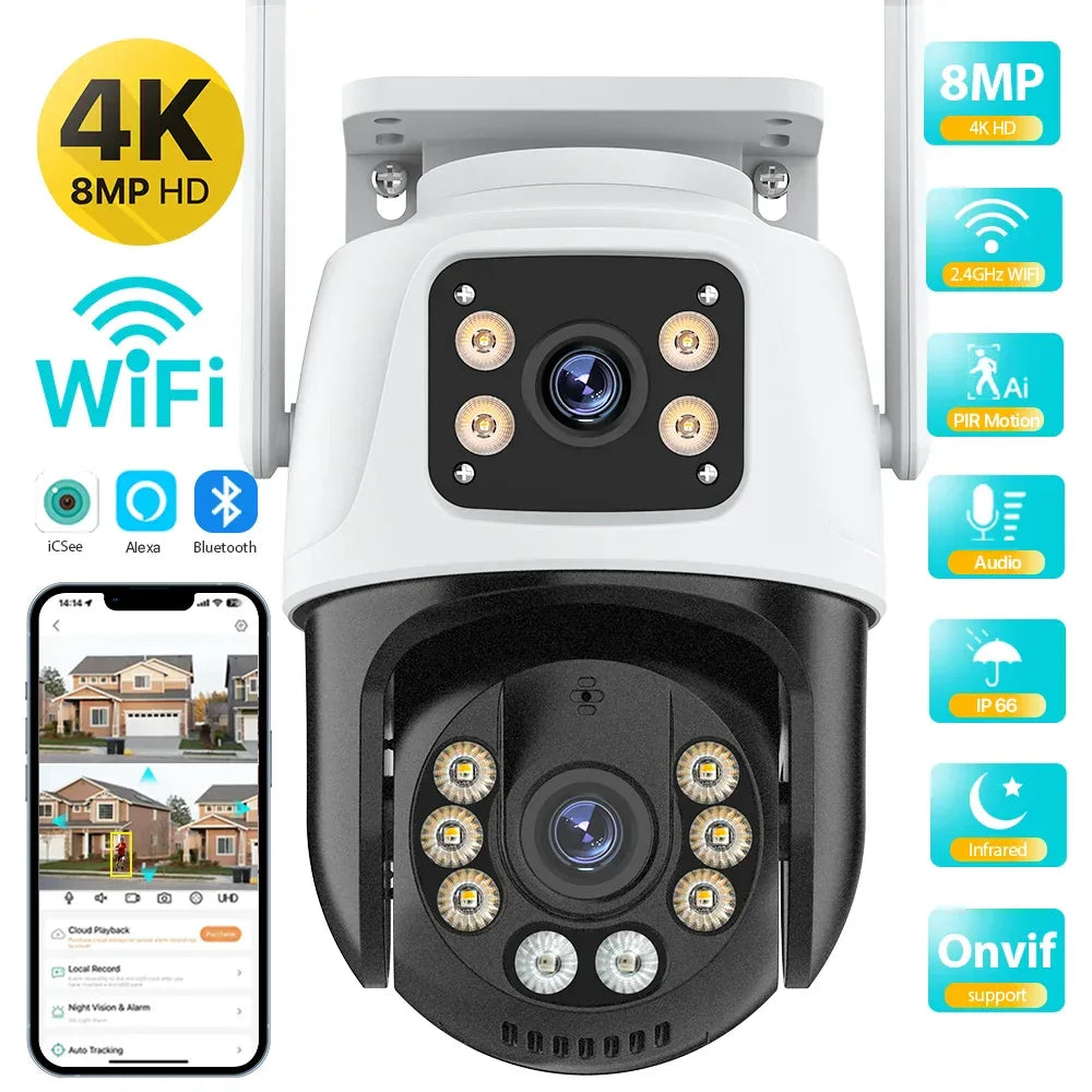 Dual Lens 360° WiFi Säkerhetskamera 8MP 4K Utomhus IP66 Vattentät PTZ Övervakningskamera 4MP NO SD Card UK Plug