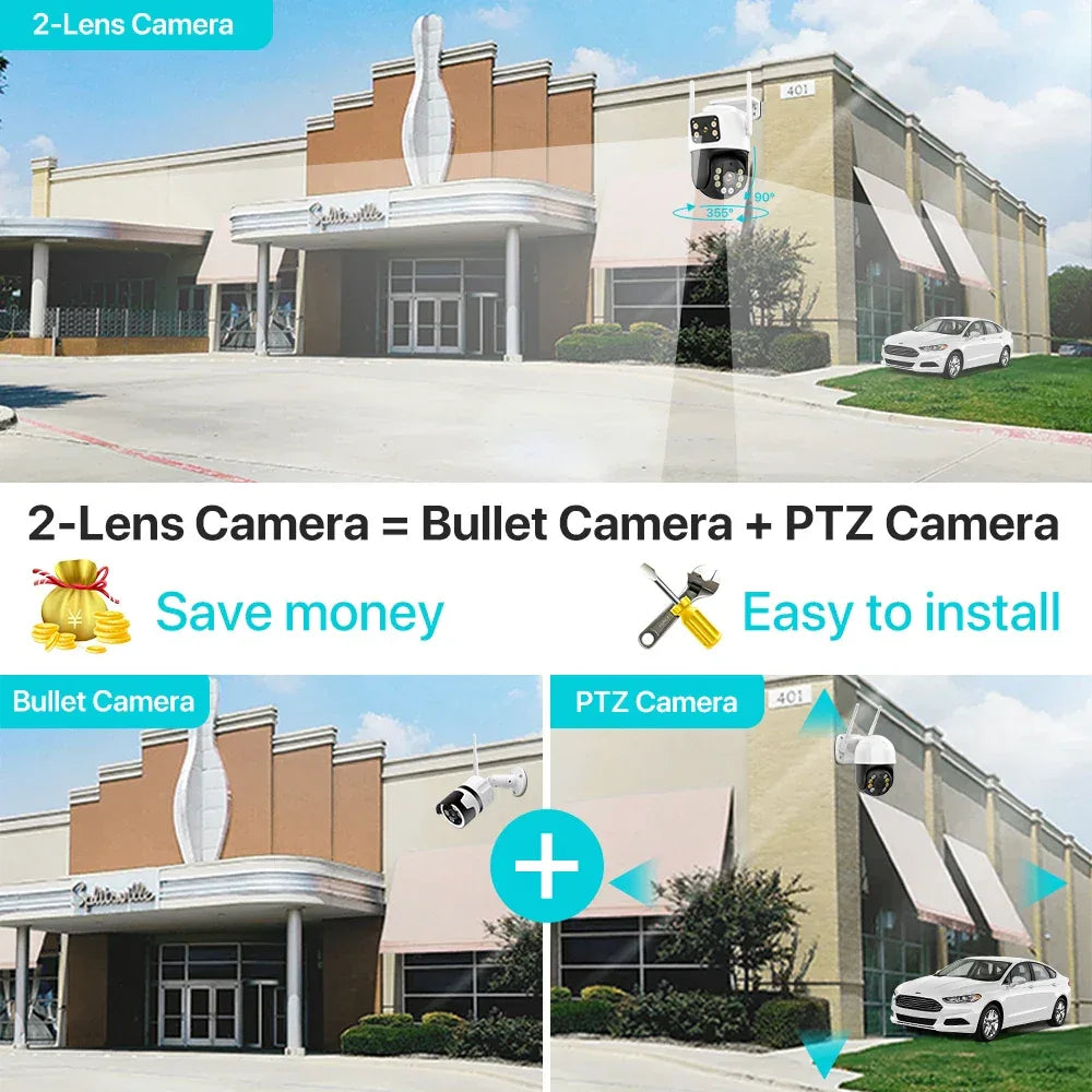 Dual Lens 360° WiFi Säkerhetskamera 8MP 4K Utomhus IP66 Vattentät PTZ Övervakningskamera