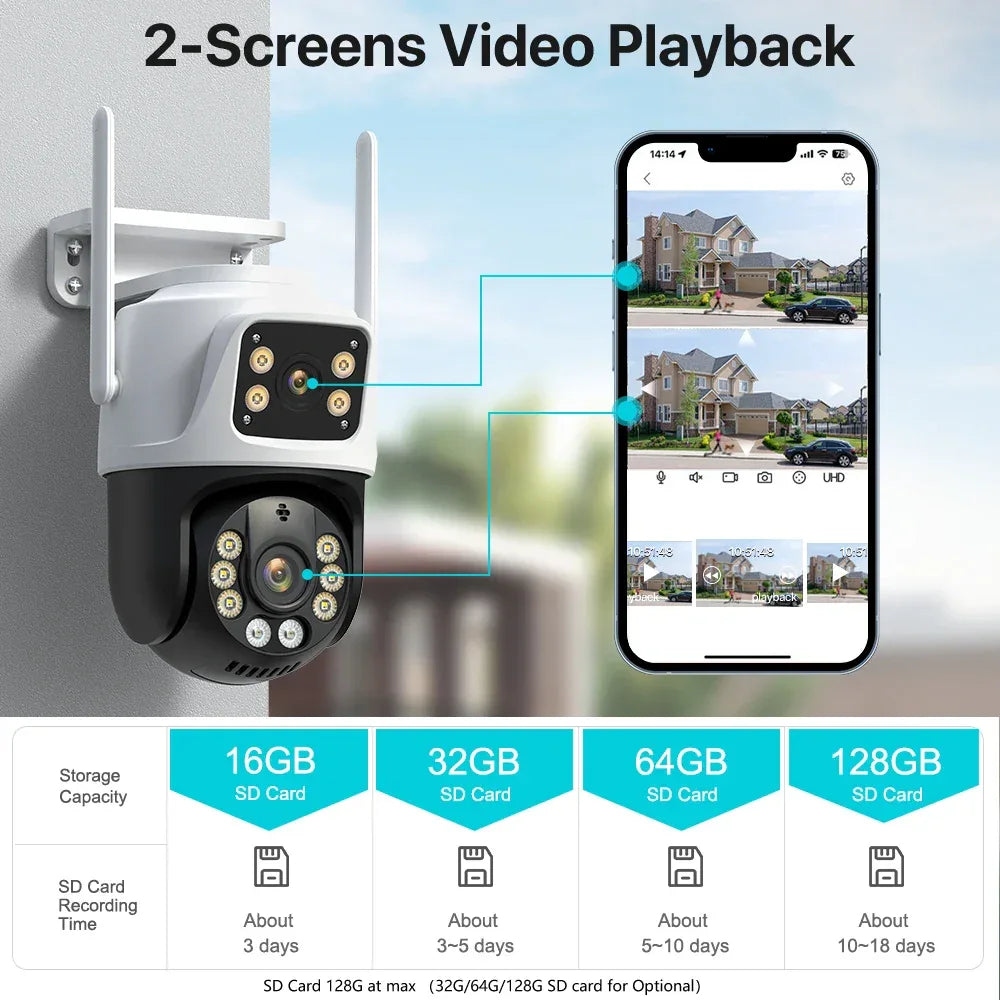 Dual Lens 360° WiFi Säkerhetskamera 8MP 4K Utomhus IP66 Vattentät PTZ Övervakningskamera