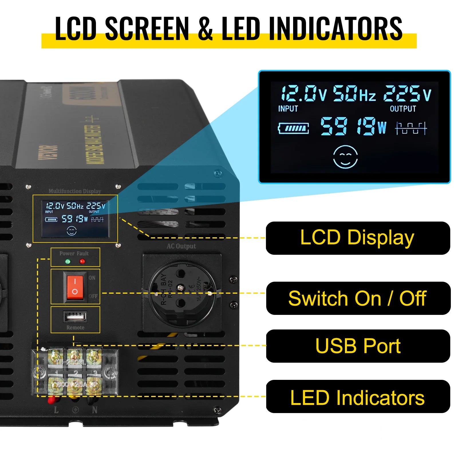 6000W Spänningsomvandlare 12V till 230V - Modifierad Sinusvåg med LCD-Display