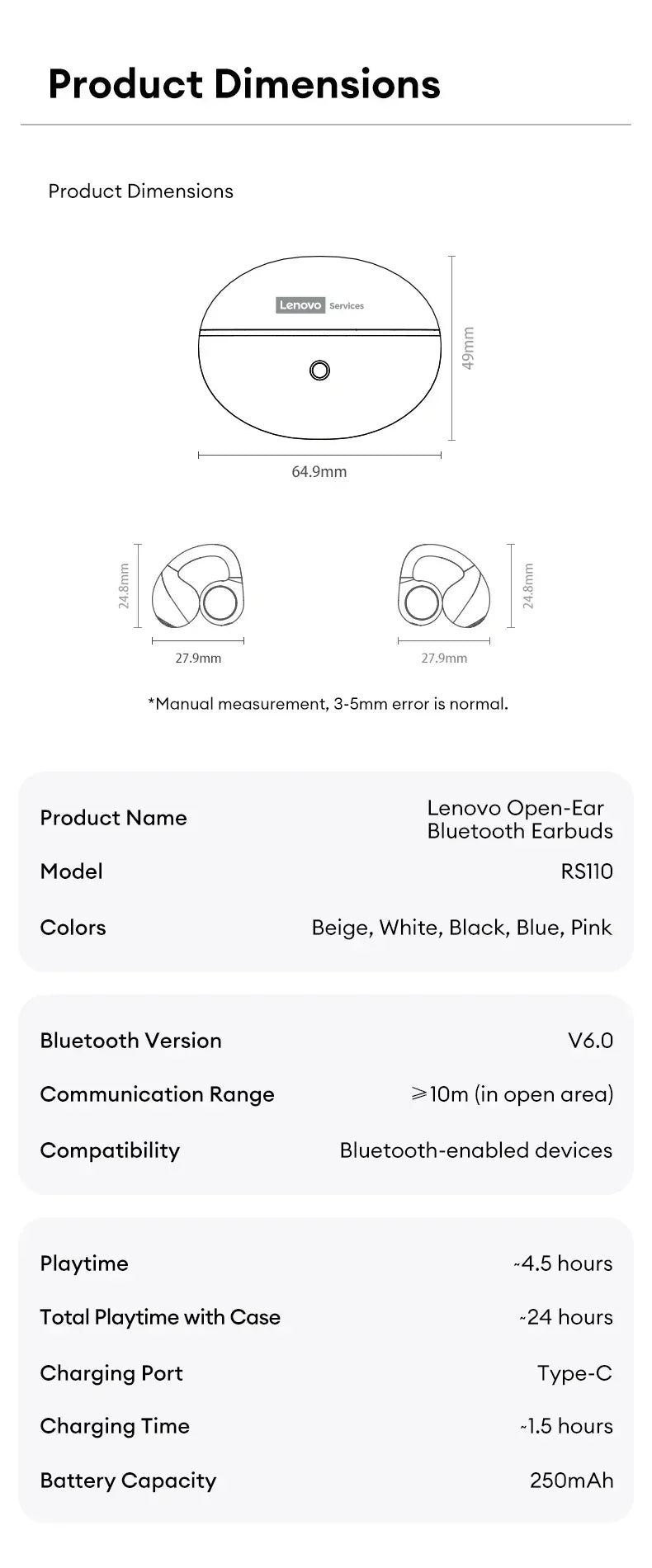 Lenovo RS110 Öronklämma Bluetooth Hörlurar - Trådlösa Sportöronsnäckor med Öppet Öra