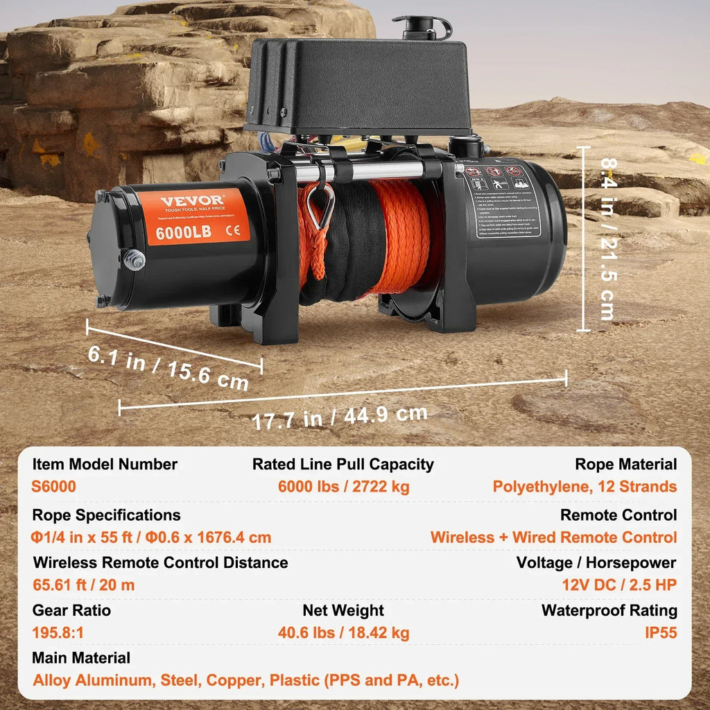 Elektrisk Vinsch 6000 lbs - Kraftfull Bilvinsch med Syntetisk Rep 7m för SUV, Jeep & Båt