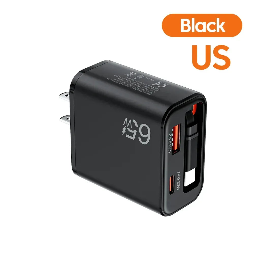 65W Snabbladdare med Infällbar USB-C Kabel - Kompakt Reseladdare US svart