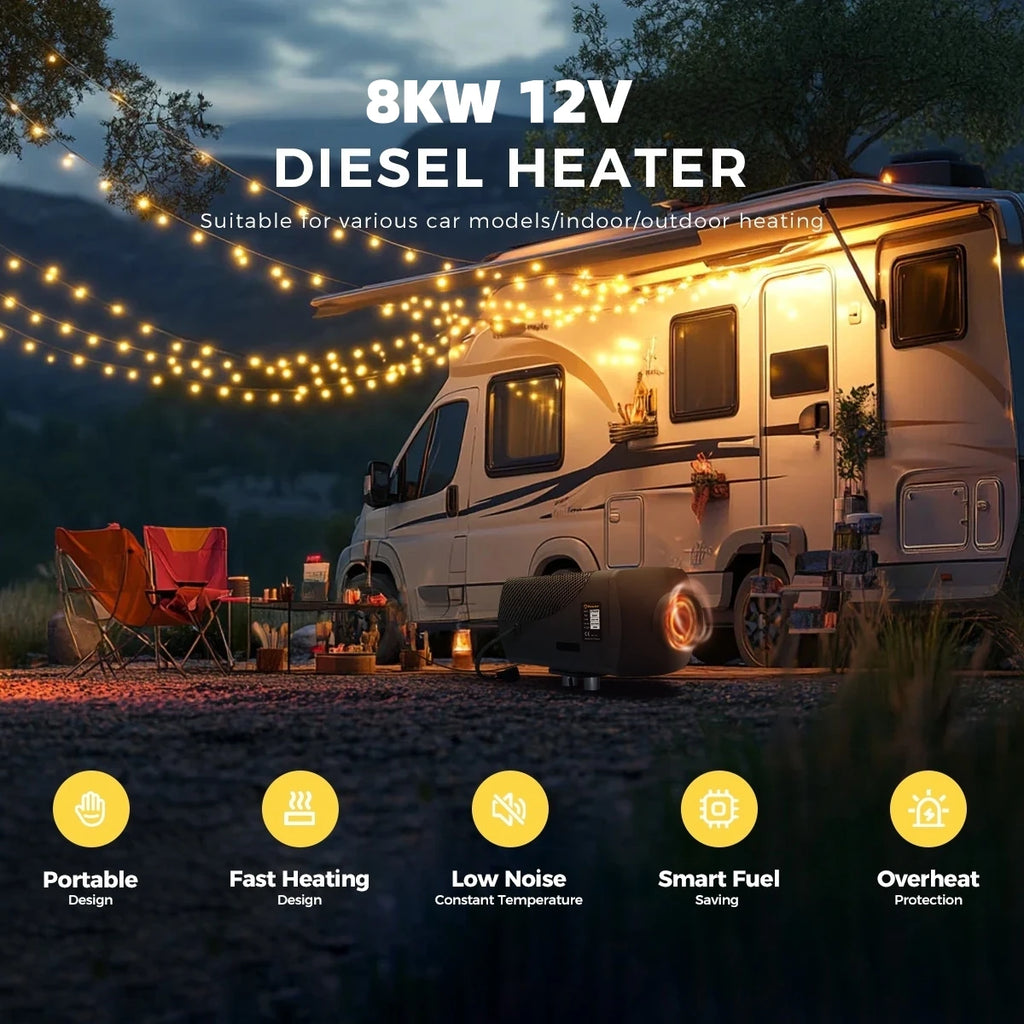 Dieselvärmare 8KW 12V Universal Parkeringsvärmare med Fjärrkontroll och LCD-skärm för Husbil, Husvagn och Campervan