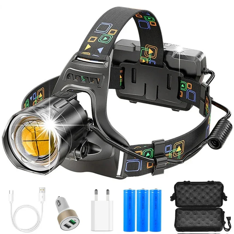 Kraftfull LED Pannlampa XHP100 - USB Laddningsbar Vattentät Ficklampa