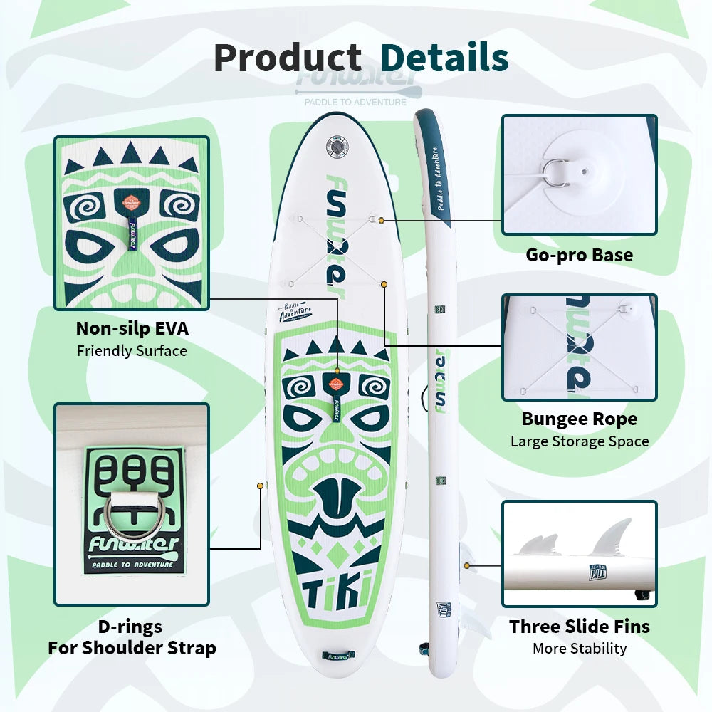 Tax Free EU Stock FunWater SUPFW05A Green Tiki Inflatable Paddle Board 3-7 Days Delivery ISUP Kit Shoulder Strap Adult
