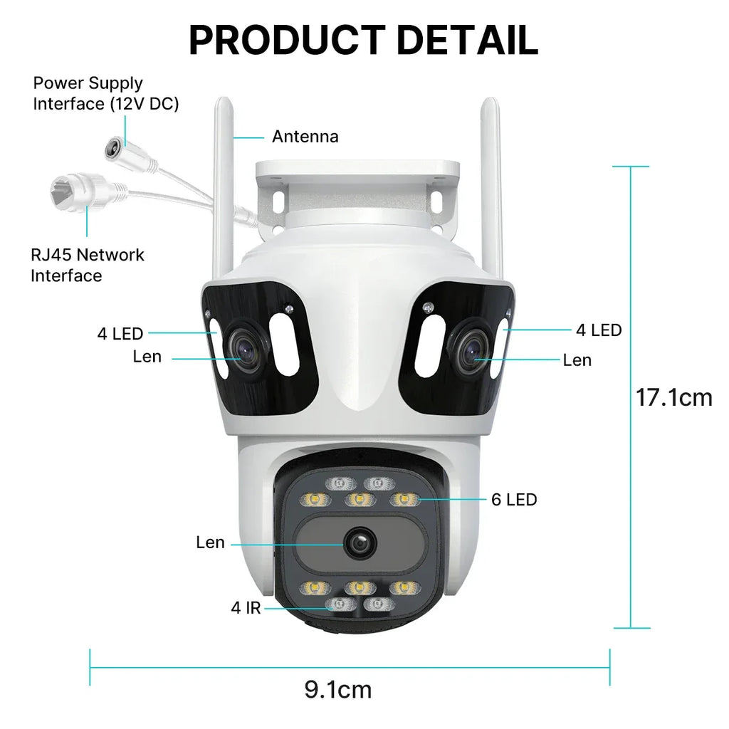 Trippel-Lins PTZ IP-Kamera Utomhus - HD WiFi Säkerhetskamera med Auto-Tracking