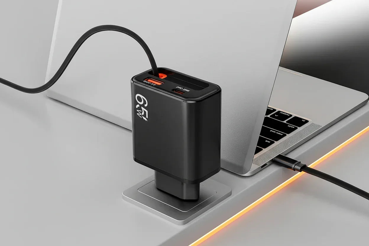 65W Snabbladdare med Infällbar USB-C Kabel - Kompakt Reseladdare