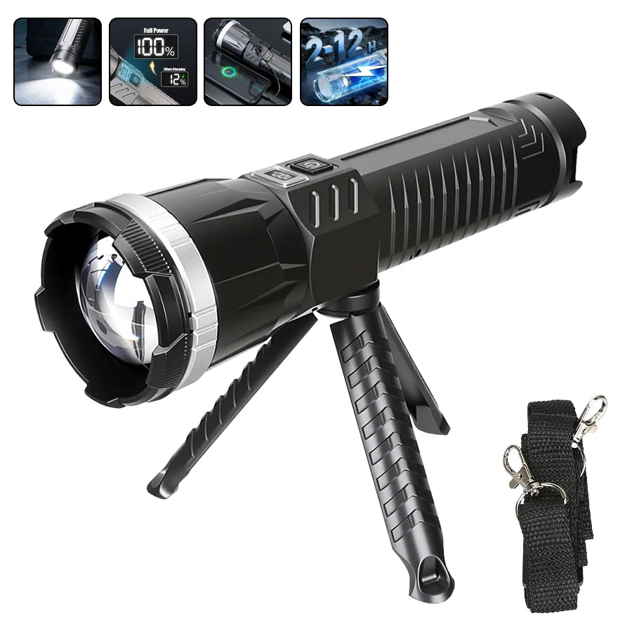 Kraftfull Uppladdningsbar LED-ficklampa med Sidoljus, Zoomfunktion & IPX6 Vattentäthet – 5 Ljuslägen