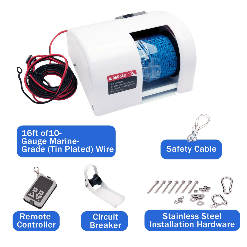12V Elektrisk Ankarvinsch för Båtar – 25LBS Marinvinsch med Fjärrkontroll