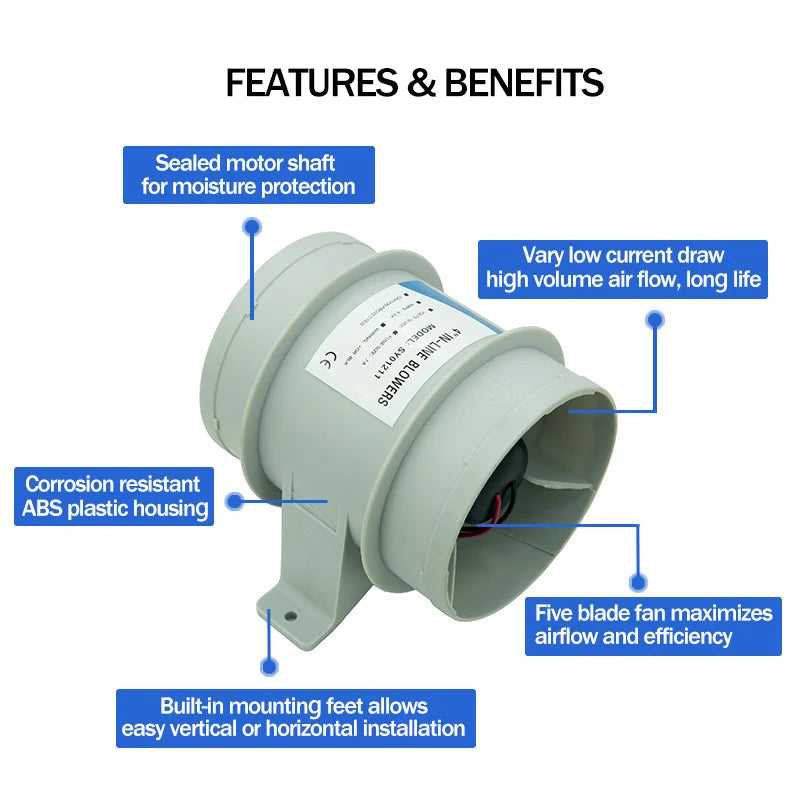 Länsfläkt 12V 4" In-Line 235CFM - Marin Båtfläkt för Motorrum och Kabytt Ventilation