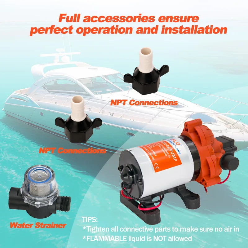 12V 3GPM 45PSI Självprimande Vattentryckspump med Inbyggd Tryckbrytare | On-Demand RV Marin Färskvattenspump