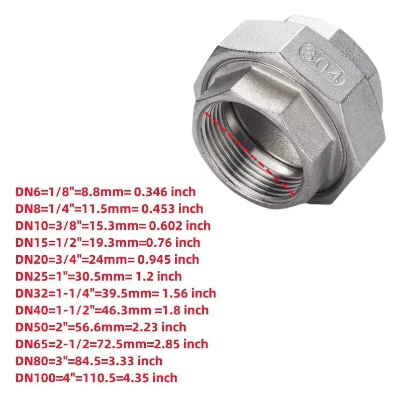 Rostfri Stålkoppling Union Joint 304 - Gängad Rörfitting 1/4" till 1-1/2" Union joint Female
