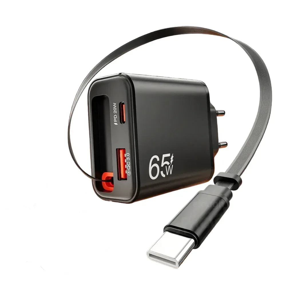 65W Snabbladdare med Infällbar USB-C Kabel - Kompakt Reseladdare