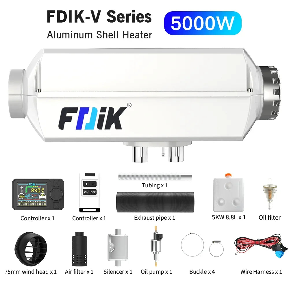 FDIK 5KW Dieselvärmare 12V/24V med Bluetooth-app – Aluminiumskal för Bil, Lastbil, Båt & Husbil