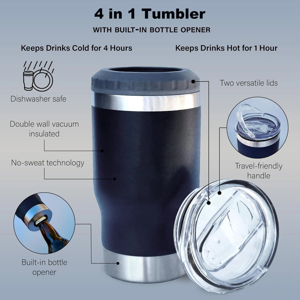 4-i-1 Dryckeskylare & Tumbler – Passar 12 oz Burkar, Smala Burkar och Flaskor med Inbyggd Flasköppnare