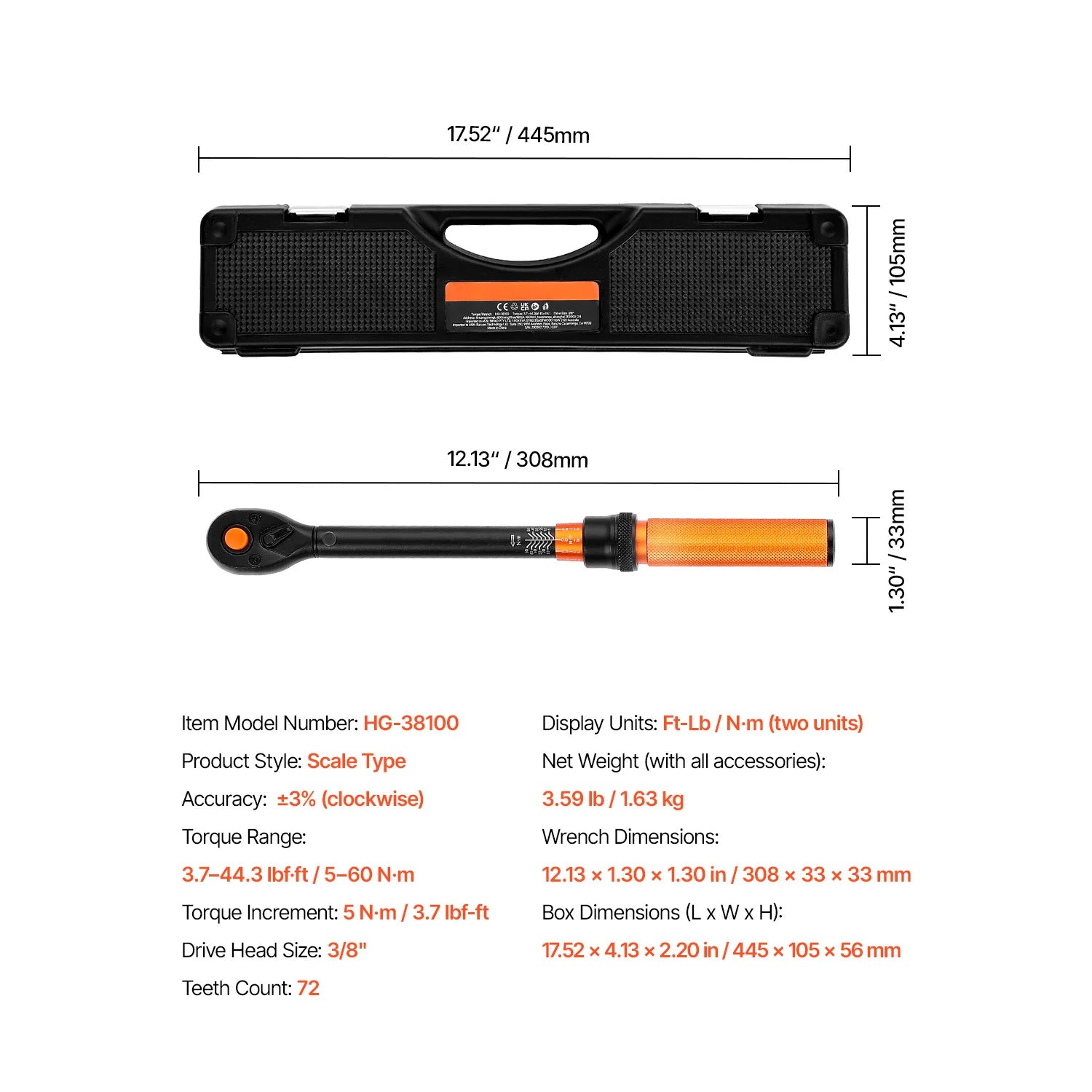 Professionell Momentnyckel Set – Dubbelriktad Justerbar Momentnyckel med Dubbla Skalor 3.7-44.3 ft-lb B