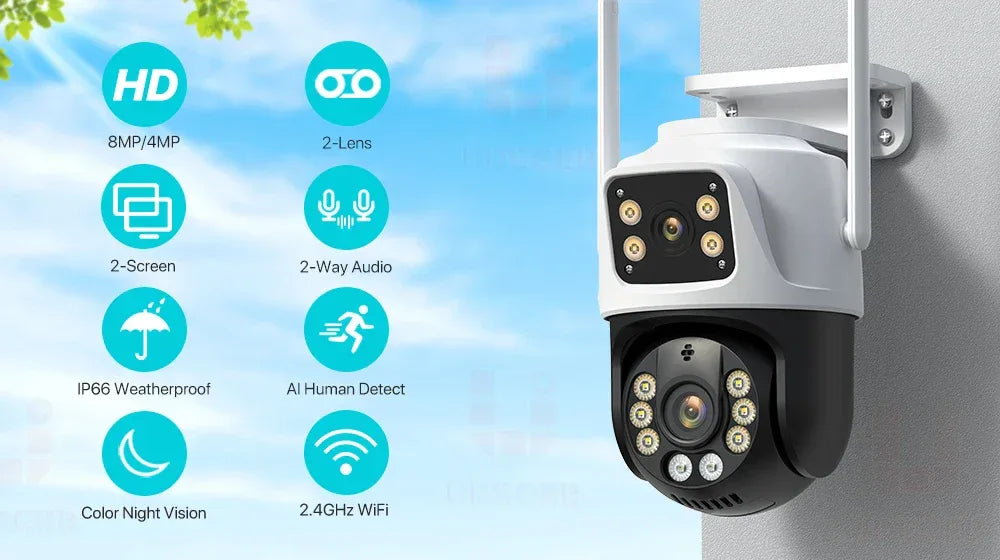 Dual Lens 360° WiFi Säkerhetskamera 8MP 4K Utomhus IP66 Vattentät PTZ Övervakningskamera