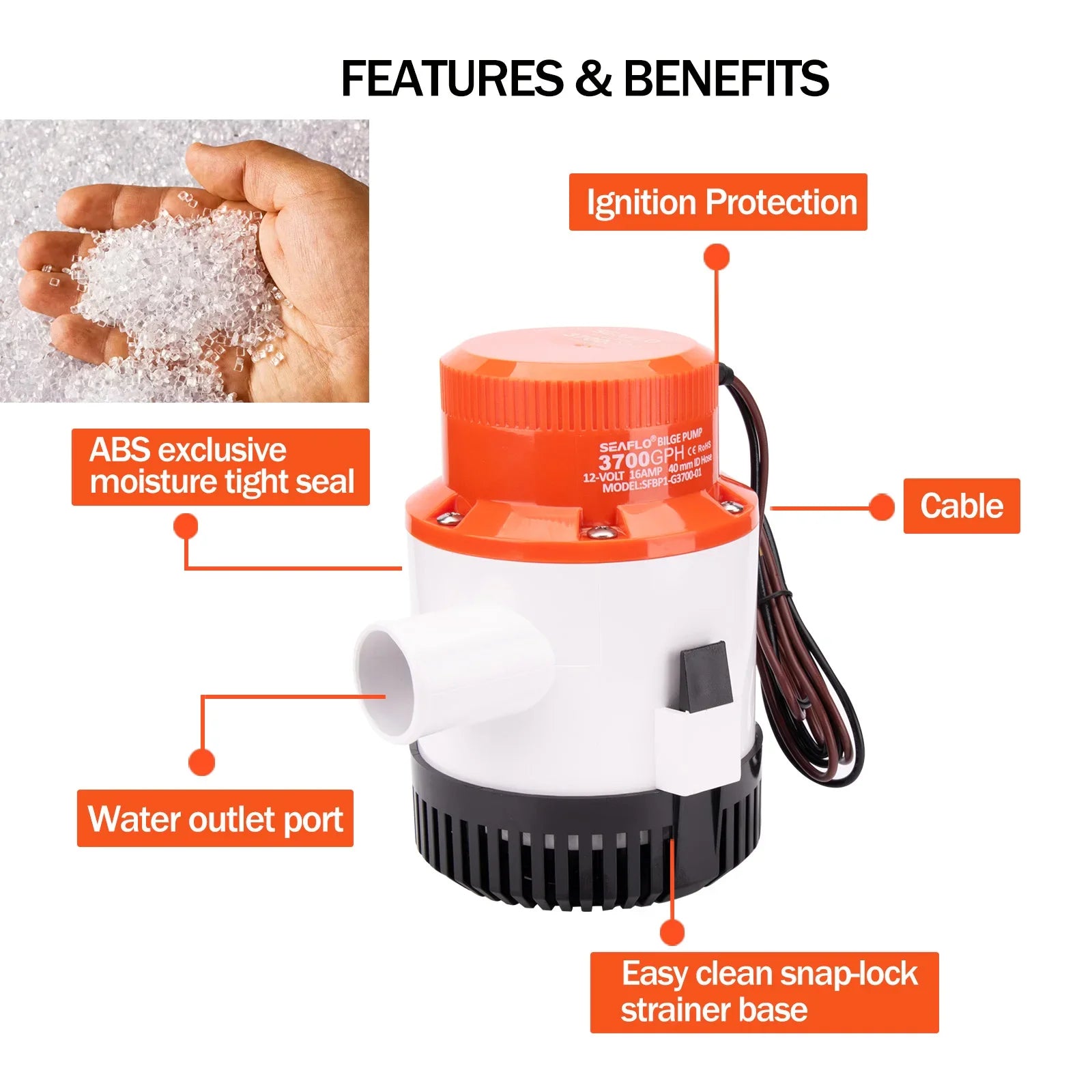 12V 3700GPH Högflödes Länspump för Båt | Kraftfull Elektrisk Båtpump för Dränering