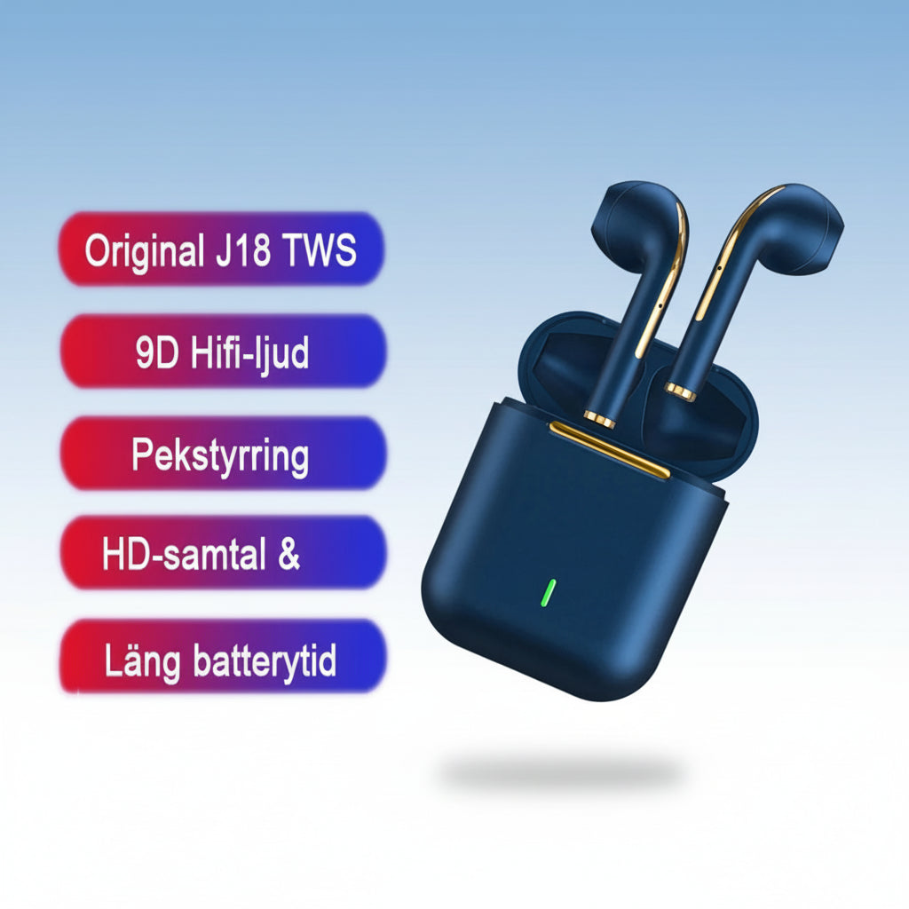 J18 TWS Premium Trådlösa Earbuds - Bluetooth 5.3 Hörlurar med Lång Batteritid och Noise Cancelling - För Gaming, Business & Sport.