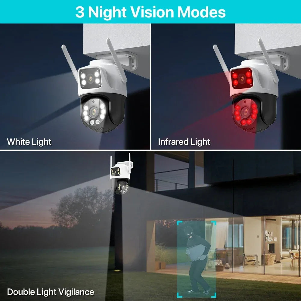 Dual Lens 360° WiFi Säkerhetskamera 8MP 4K Utomhus IP66 Vattentät PTZ Övervakningskamera