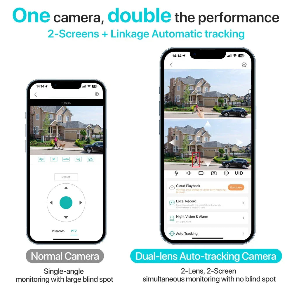 Dual Lens 360° WiFi Säkerhetskamera 8MP 4K Utomhus IP66 Vattentät PTZ Övervakningskamera
