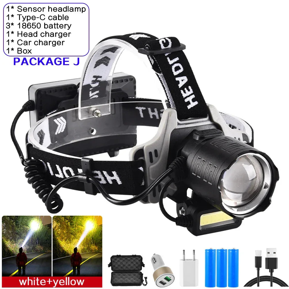 Kraftfull LED Pannlampa 120000lm - USB Laddbar med Sensor & Powerbank. VIT GUL-J