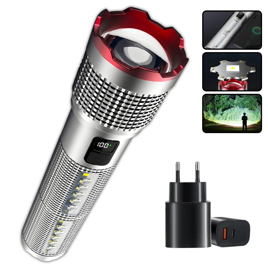 Kraftfull Uppladdningsbar LED-ficklampa med Sidoljus, Zoomfunktion & IPX6 Vattentäthet – 5 Ljuslägen