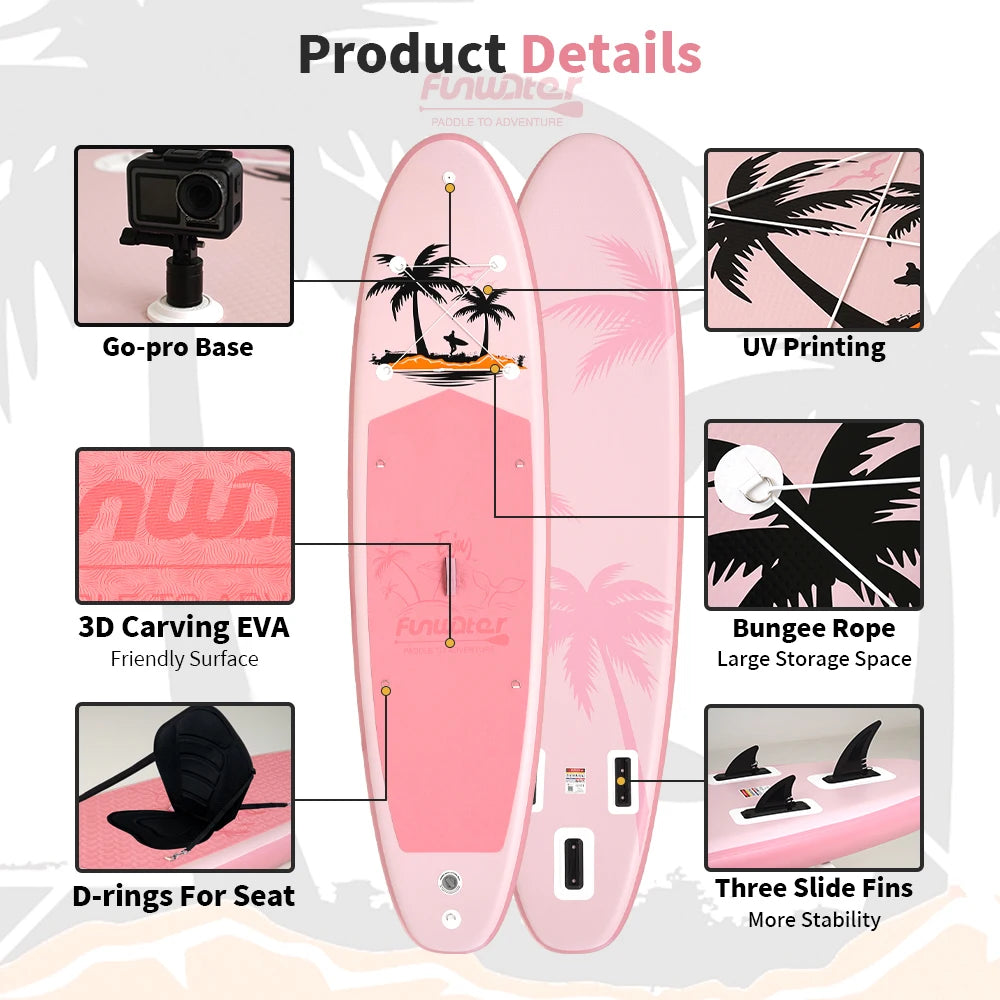 Tax Free EU Stock FunWater SUPFW37B Pink Palm Tree Paddle Board with Kayak Seat 3-7 Days Delivery ISUP Complete Kit Women