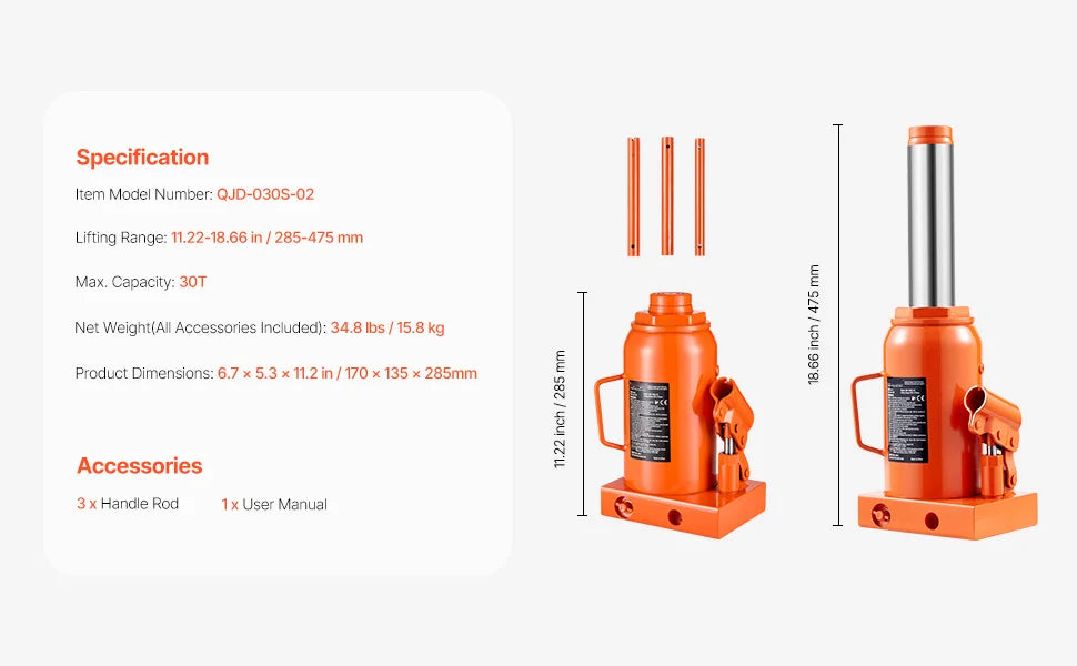 Hydraulisk Domkraft 20/30/50 Ton - Professionell Flaskdomkraft med Långt Handtag