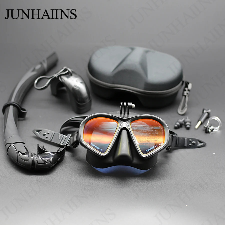 Professional Wet Low Volume Freediving Mask, Tempered Glass Freedive Mask, J-Type Diving Mask, Snorkel Set, With Camera Mount SVART GUL