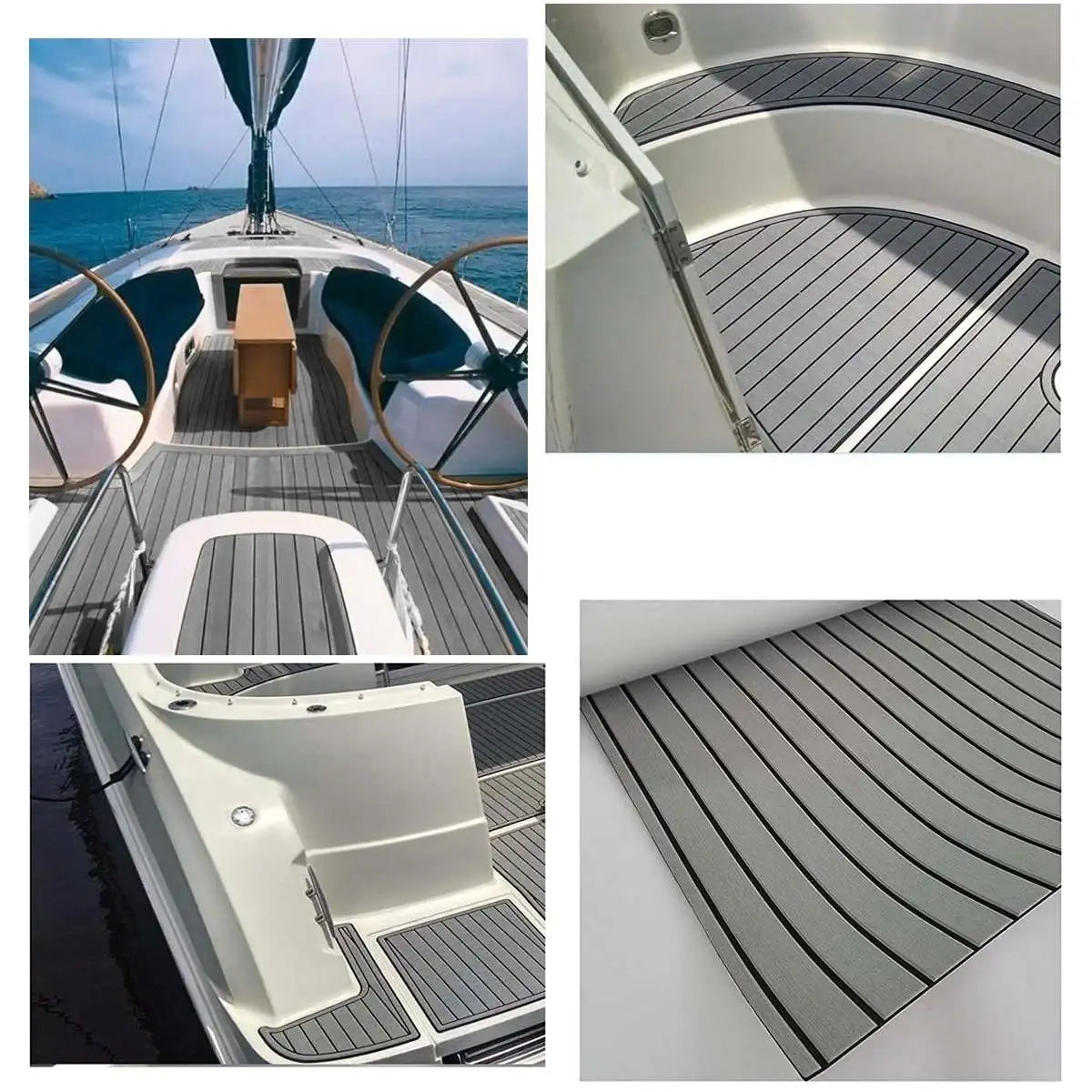2400x900x5mm Självhäftande EVA-skum Teak Däcksmatta – Marinmatta för Båt, Grå/Svart