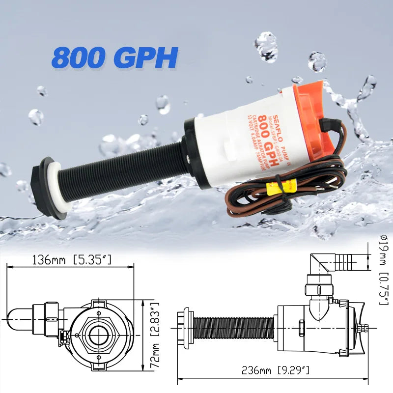 12V 800GPH Marin Livewell Pump - Nedsänkbar Aerator för Baitbehållare