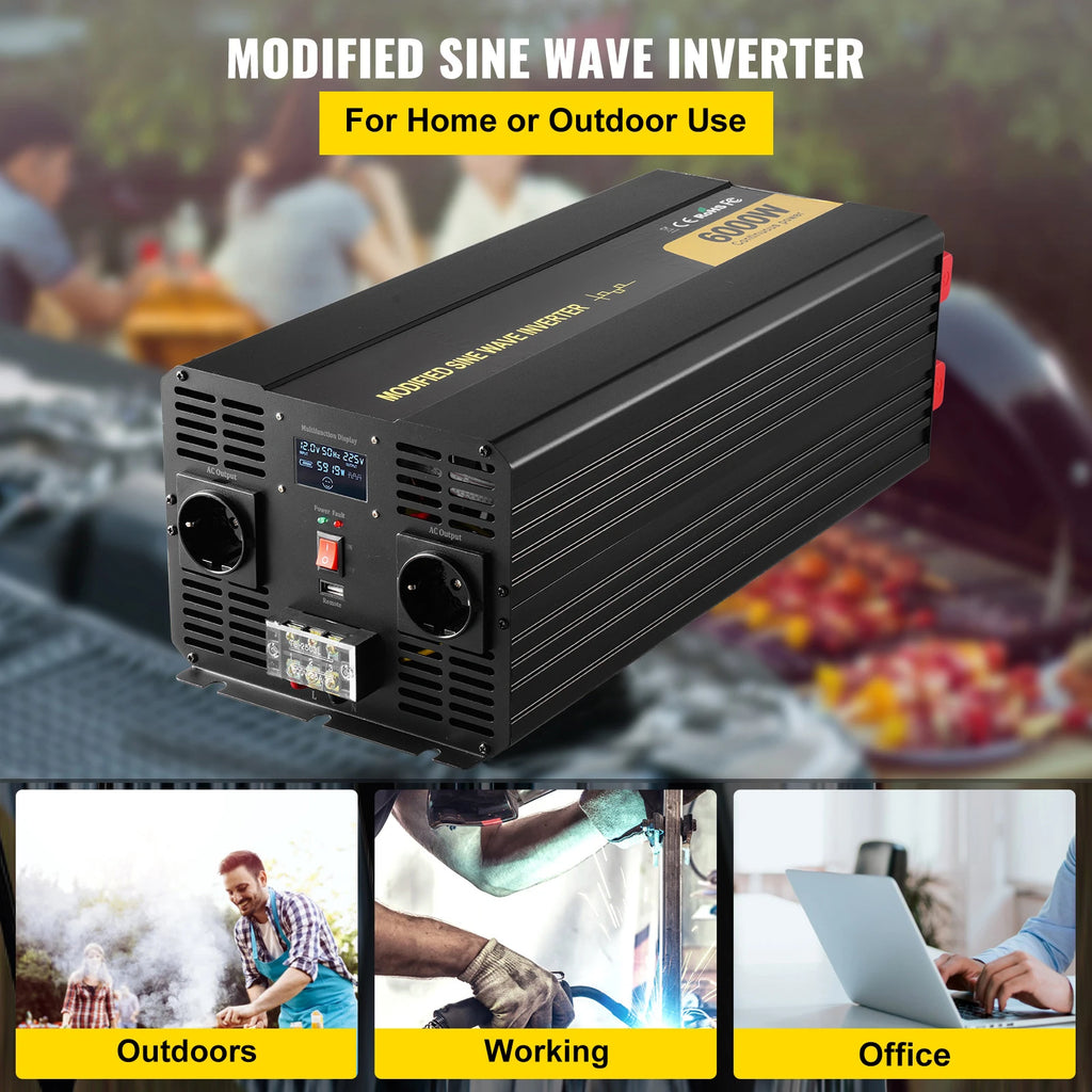 6000W Spänningsomvandlare 12V till 230V - Modifierad Sinusvåg med LCD-Display