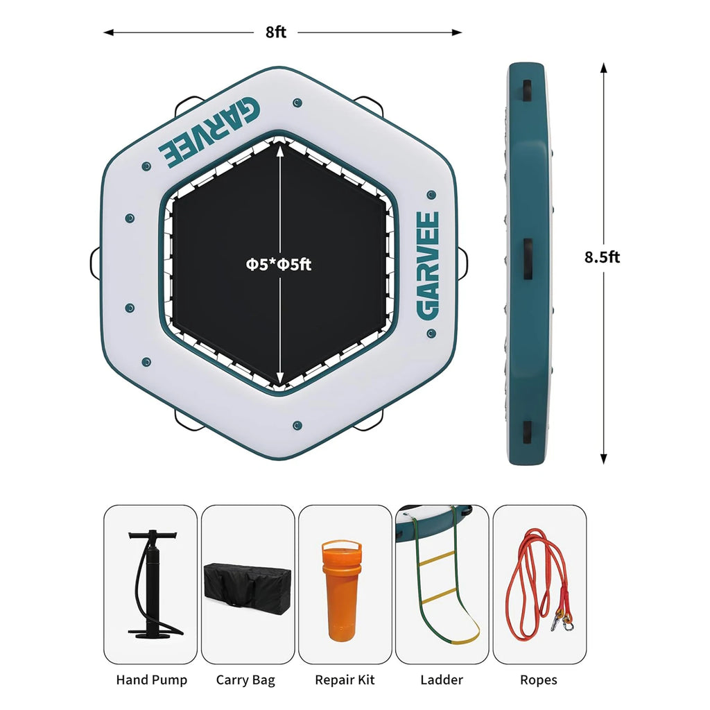 Hexagonal Inflatable Floating Dock with Trampoline Pool, Ladder, and Anchoring System