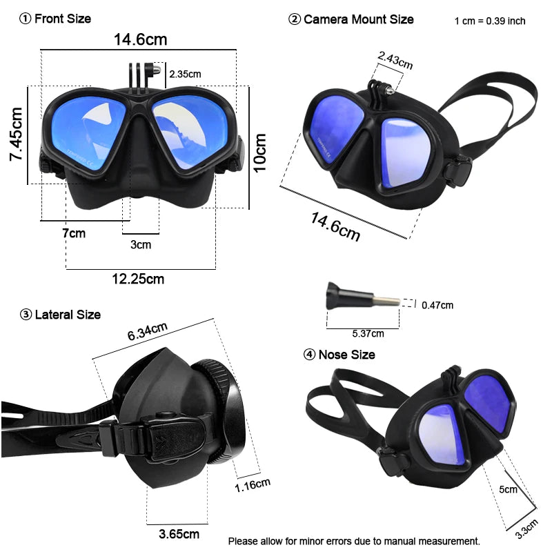 Professional Wet Low Volume Freediving Mask, Tempered Glass Freedive Mask, J-Type Diving Mask, Snorkel Set, With Camera Mount