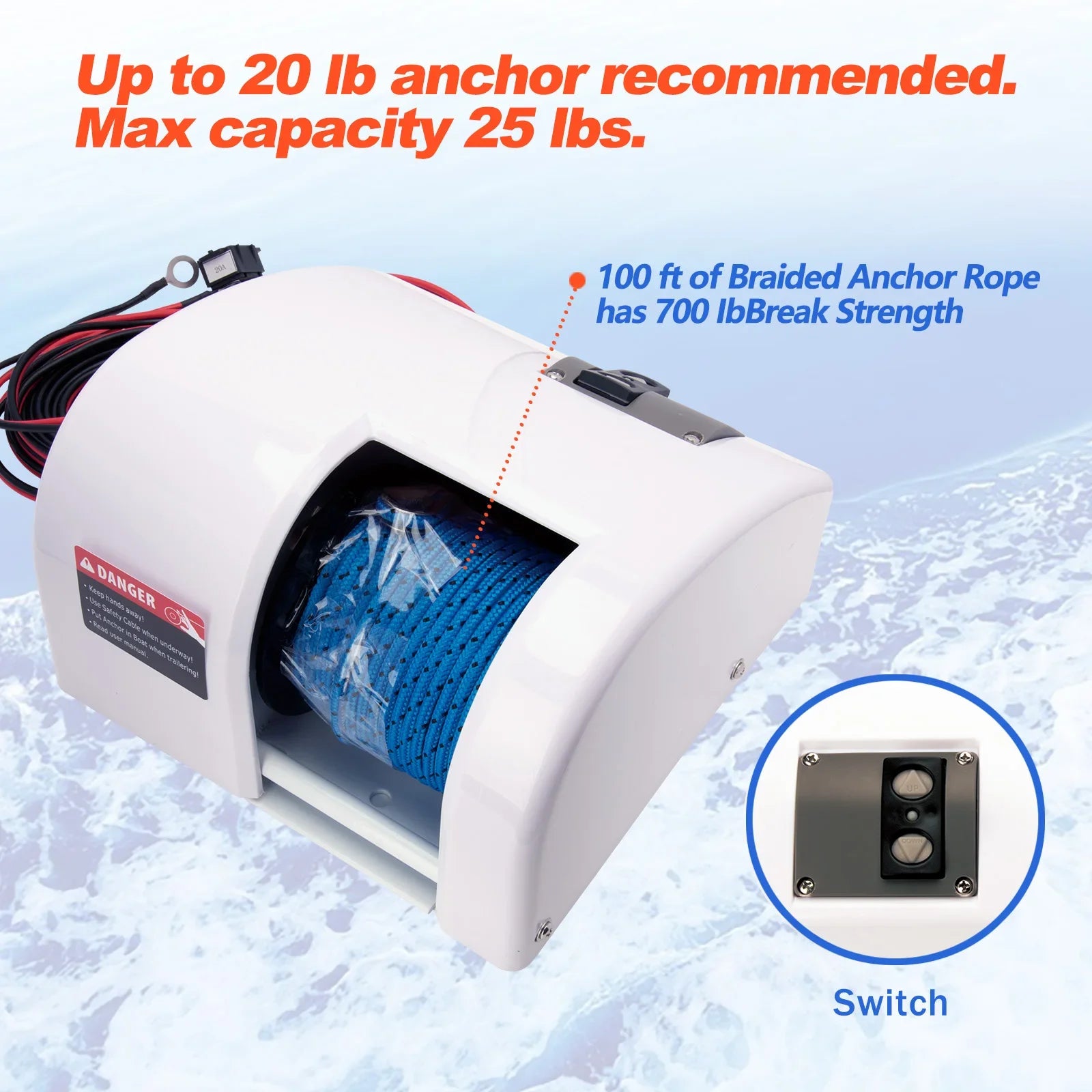 12V Elektrisk Ankarvinsch för Båtar – 25LBS Marinvinsch med Fjärrkontroll