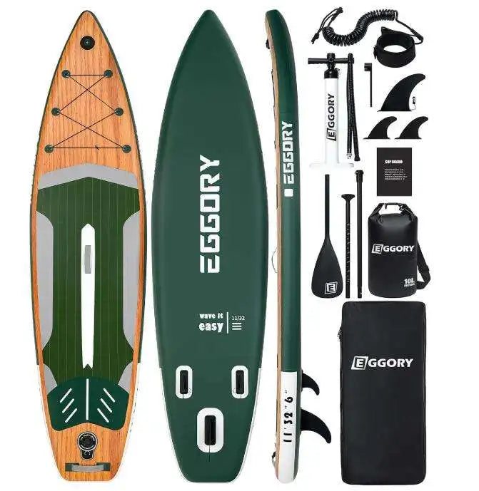Eggory 11' Uppblåsbar Stand Up Paddleboard – Träkorn ISUP-set med Kameramontering, 150 kg Kapacitet, Ryggsäck & Pump Träkorn Polen