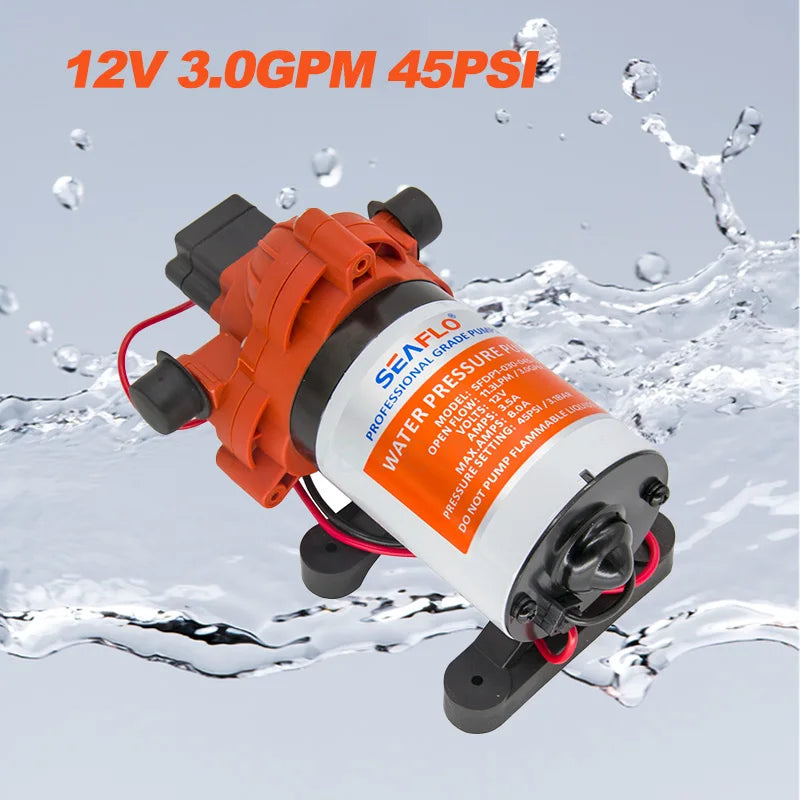 12V 3GPM 45PSI Självprimande Vattentryckspump med Inbyggd Tryckbrytare | On-Demand RV Marin Färskvattenspump