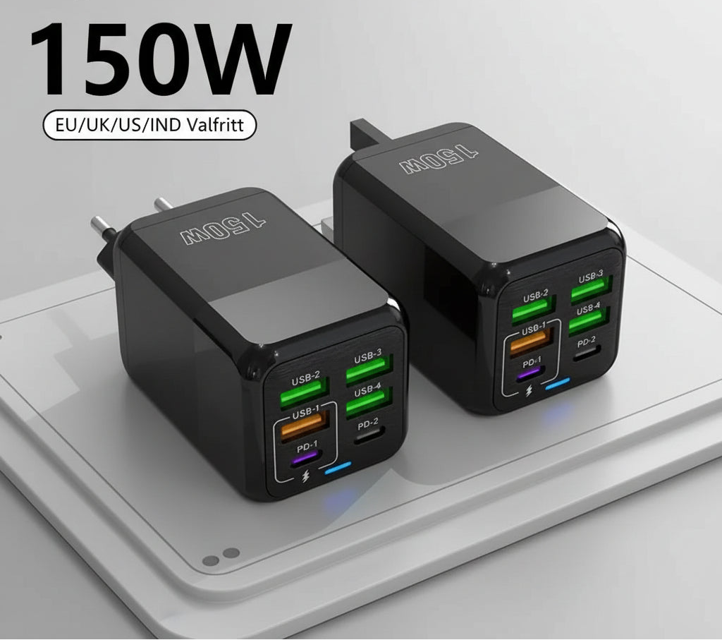150W Universal USB Laddare 6 Portar - PD Fast Charging Quick Charge 3.0 Multi-Port Power Adapter - Väggadapter med EU/US/UK Plugg för iPhone, Samsung, Laptop.