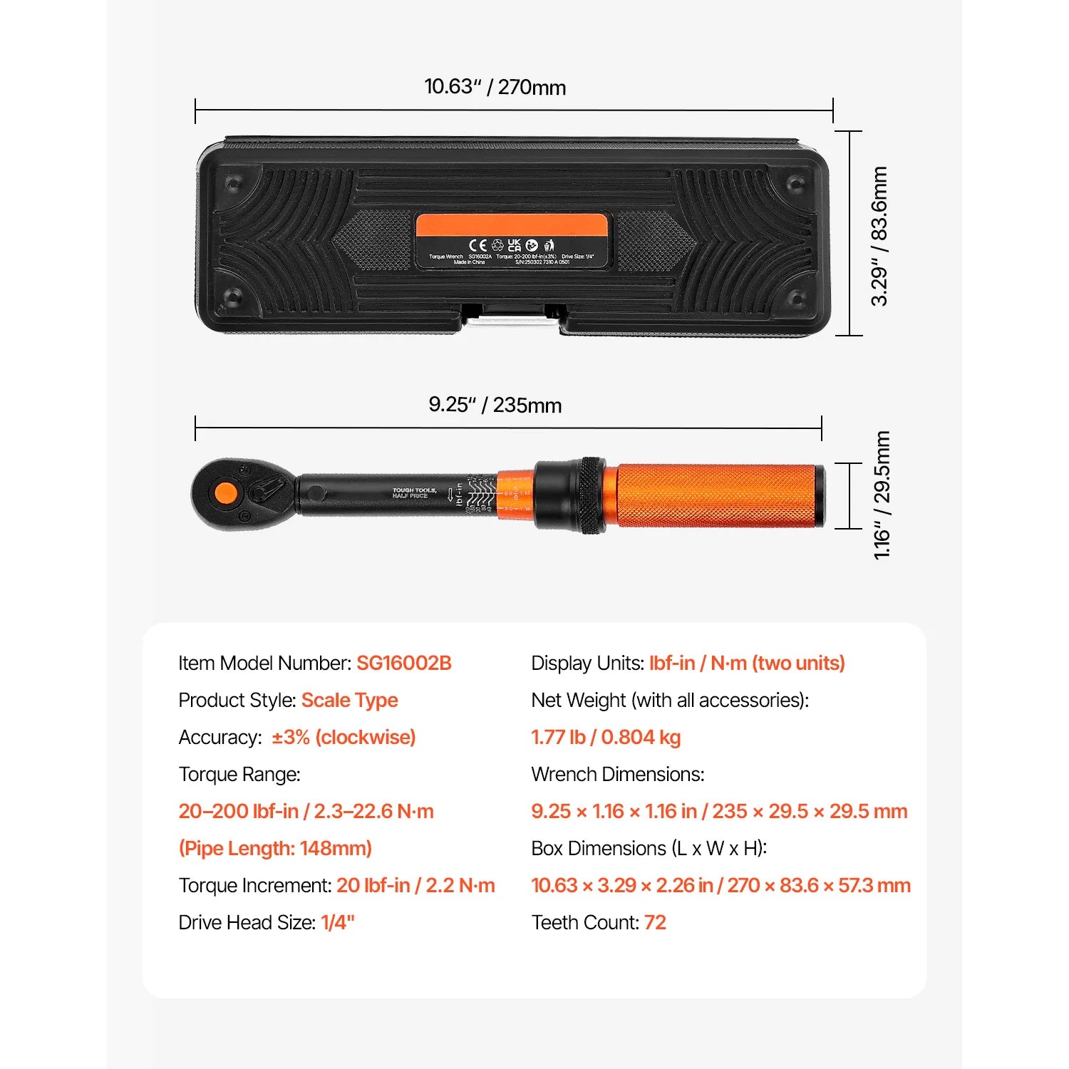 Professionell Momentnyckel Set – Dubbelriktad Justerbar Momentnyckel med Dubbla Skalor 20-200 In-Lb Set
