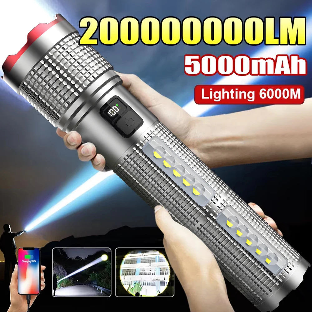 Kraftfull Uppladdningsbar LED-ficklampa med Sidoljus, Zoomfunktion & IPX6 Vattentäthet – 5 Ljuslägen