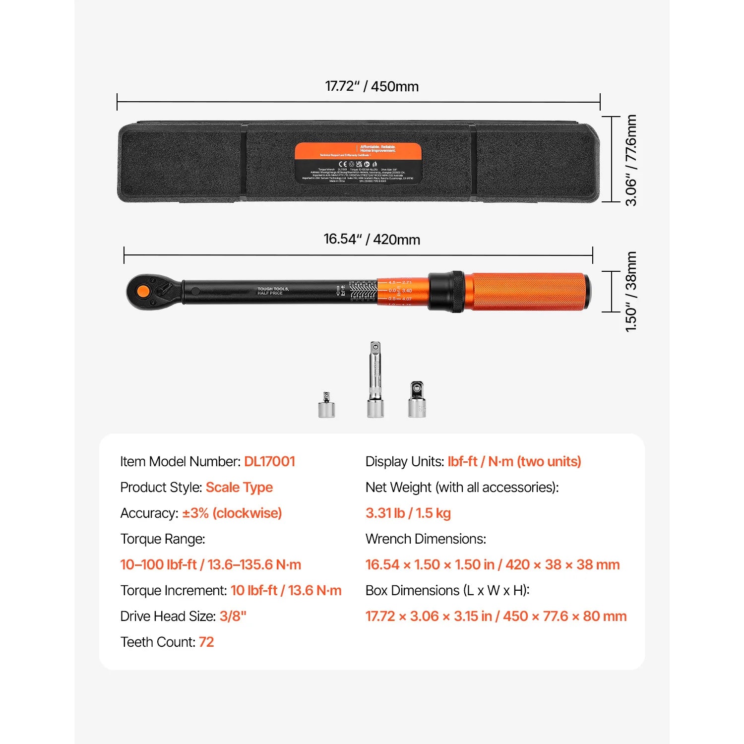 Professionell Momentnyckel Set – Dubbelriktad Justerbar Momentnyckel med Dubbla Skalor 10-100 ft-lb