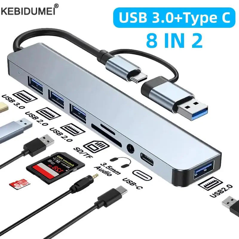 USB-C Dockningsstation Multi-Hub - USB 3.0 Adapter med USB 2.0 Portar, TF/SD Kortläsare & Audio Output - Universal för MacBook Pro, PC & Laptop.