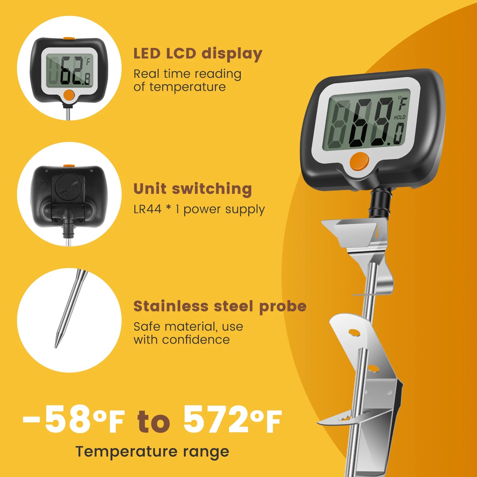 Digital Candy Thermometer with Pot Clip Kitchen Thermometer for Cooking, Baking, and Candy Making Stainless Steel Probe