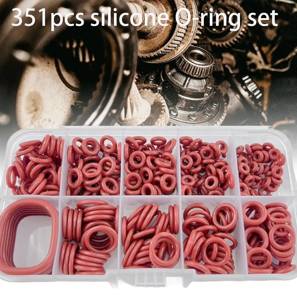 351Pcs Red Silicone O-Rings Kit Oil Resistant High Temperature Rubber Sealing Gaskets Washers for Cars And Pipelines