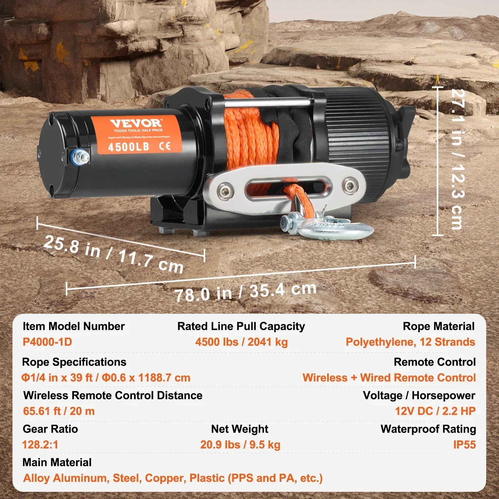 Elektrisk Vinsch 4500lbs ATV/UTV 12V med Syntetisk Rep - Trådlös & Trådbunden Fjärrkontroll IP55 4500lbs