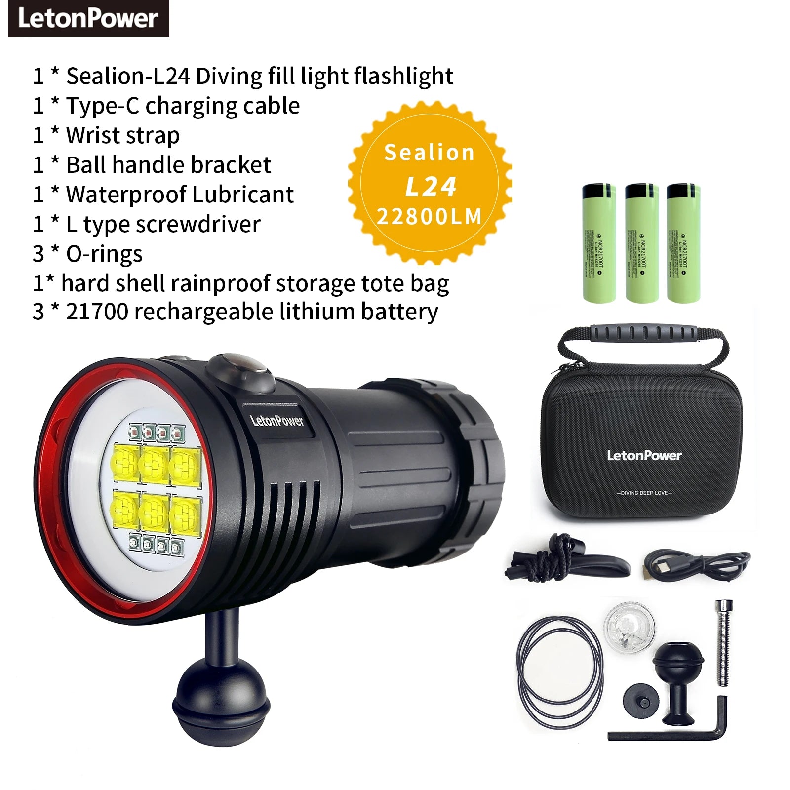 LetonPower Sealion Dyklampa 22800 Lumen – Uppladdningsbar Undervattenslampa 100m Vattentät