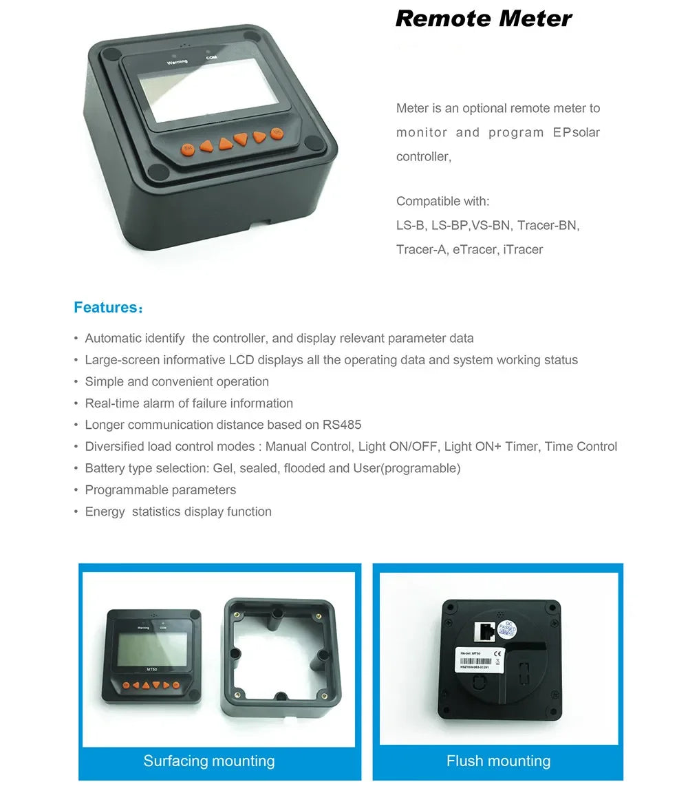 MPPT Solarladdningsregulator 50A–100A – Tracer AN-serien med MT52 Display