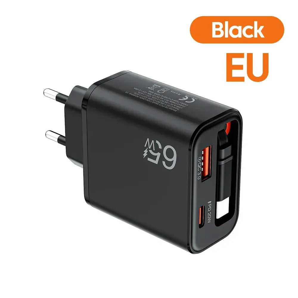 65W Snabbladdare med Infällbar USB-C Kabel - Kompakt Reseladdare EU svart